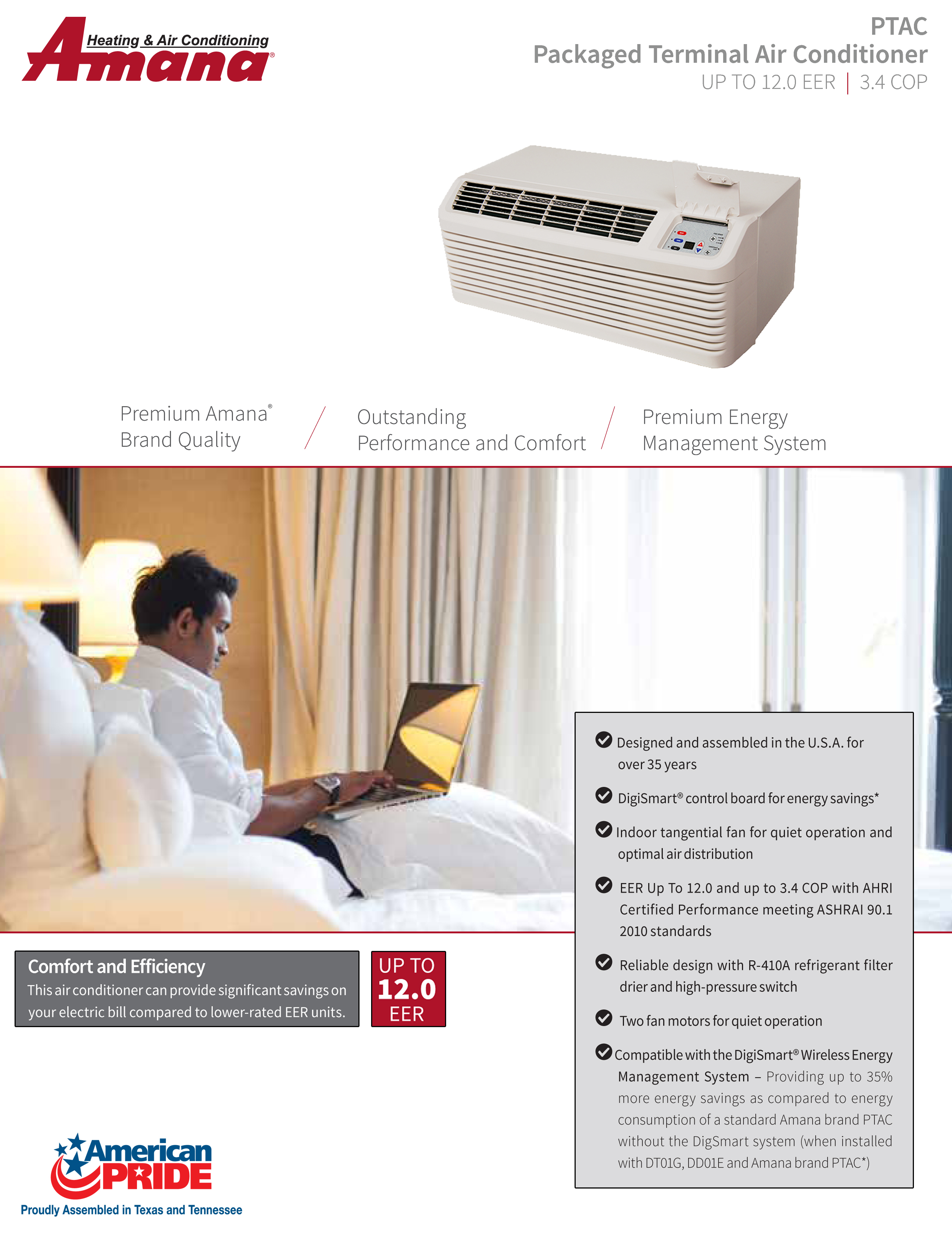 Amana PTAC 12,000 BTU Air Conditioner Unit 3.5kW Heater, PTC123G35AXXX (F)